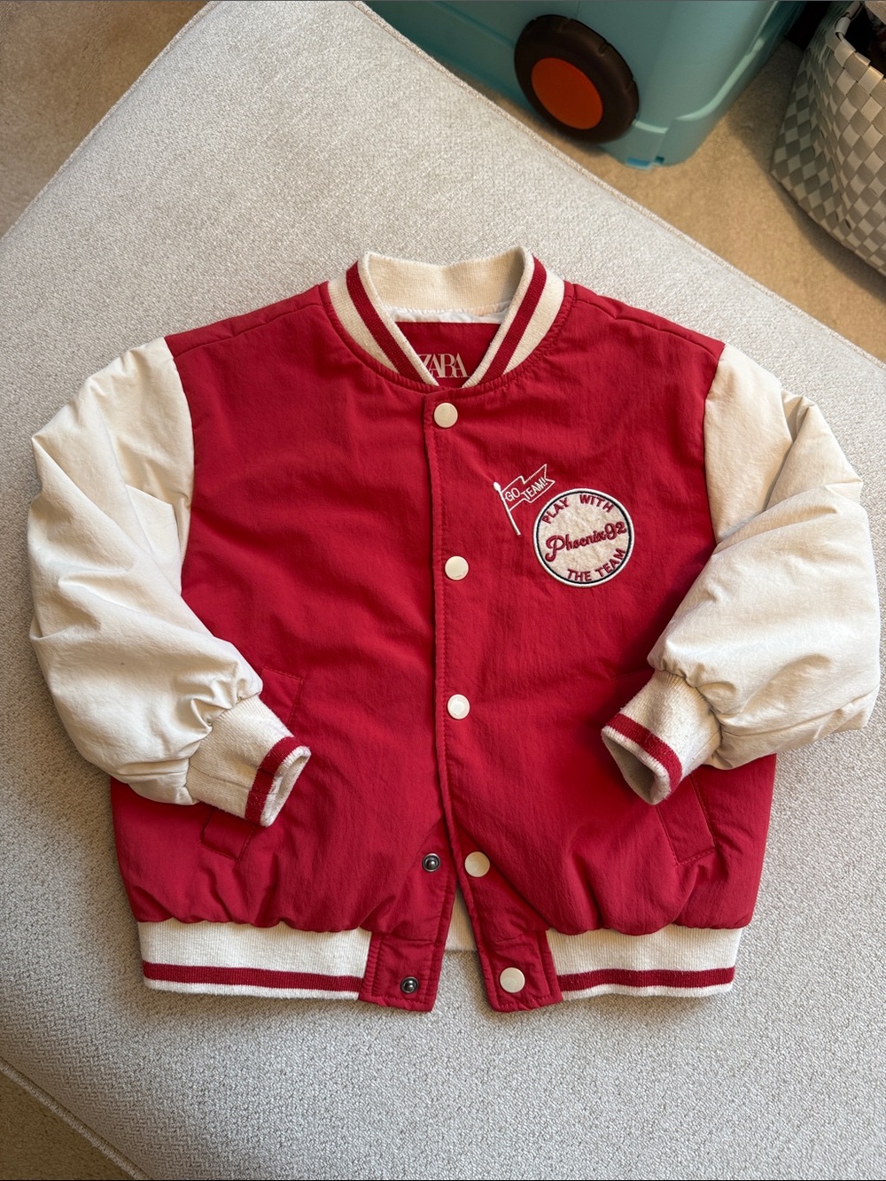 Zara Red and Cream Kids Varsity Puffer Jacket